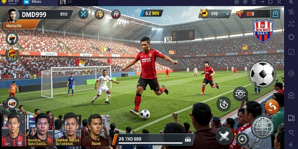 Gameplay DMD999 menampilkan aksi dinamis di lapangan sepak bola.