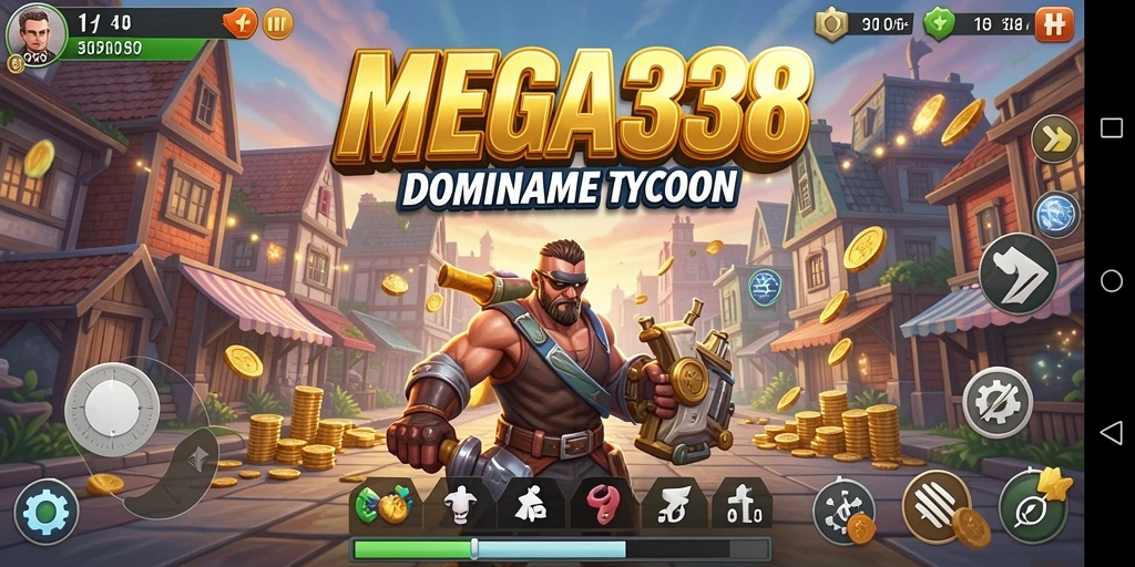 Tampilan utama gameplay MEGA338 yang menampilkan kelola bisnis secara strategis.