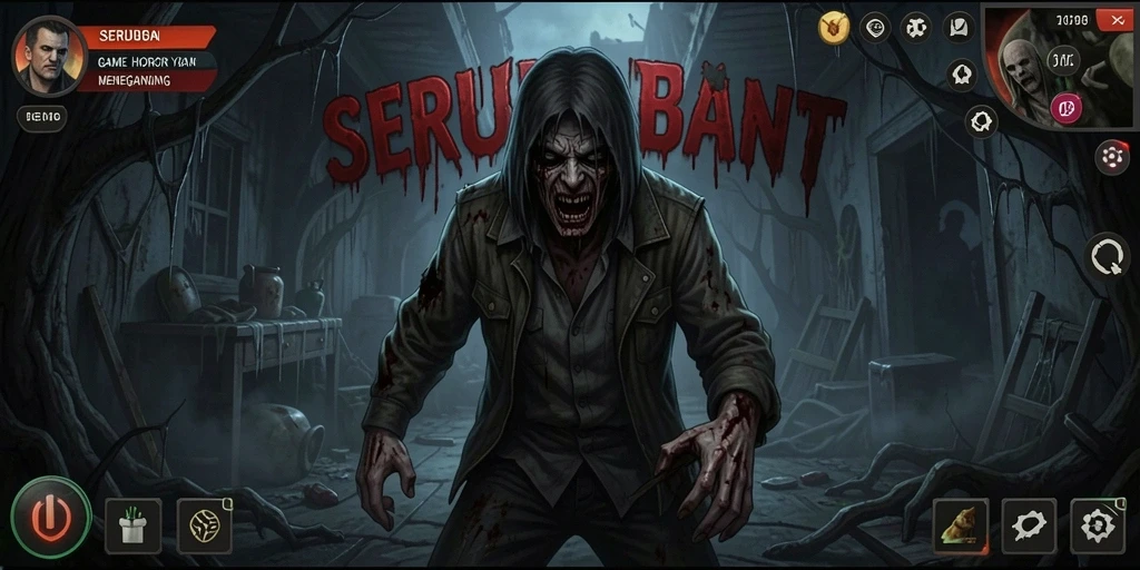 Screenshot gameplay SERUBET menampilkan suasana horor yang mencekam.
