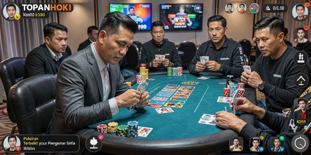 Screenshot gameplay <strong>TOPANHOKI</strong> menunjukkan suasana Poker yang mendebarkan.